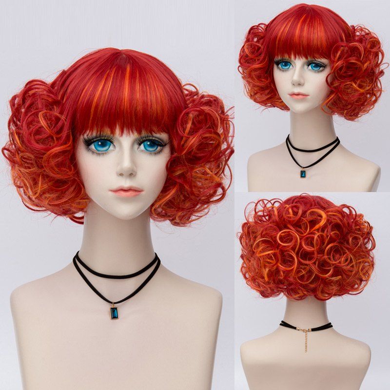 

Short Full Bang Fluffy Curly Highlight Synthetic Party Wig, Red