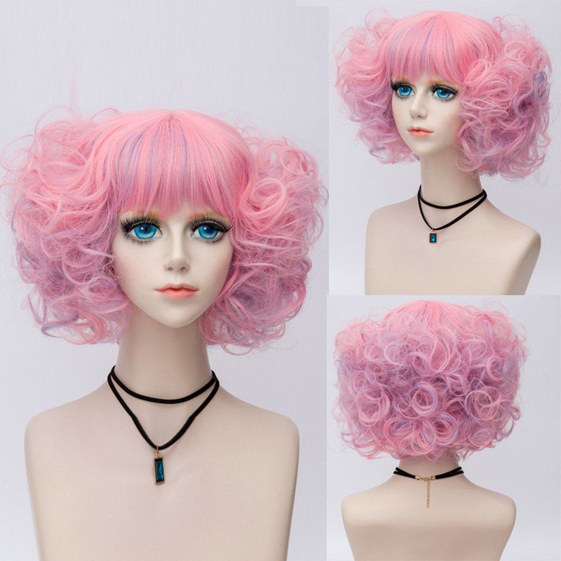 

Short Full Bang Fluffy Curly Highlight Synthetic Party Wig, Pink