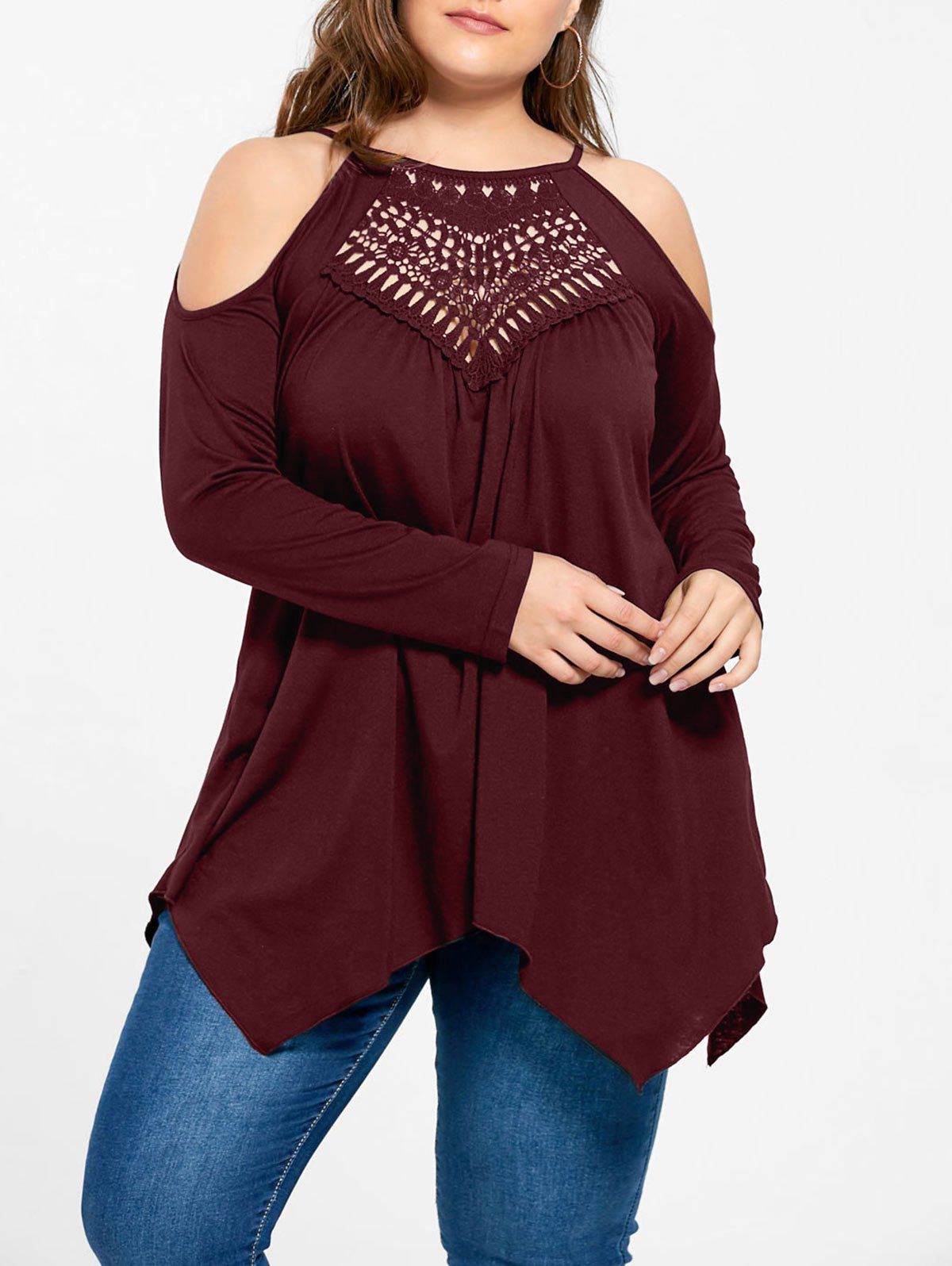 

Plus Size Openwork Cold Shoulder Tee, Wine red