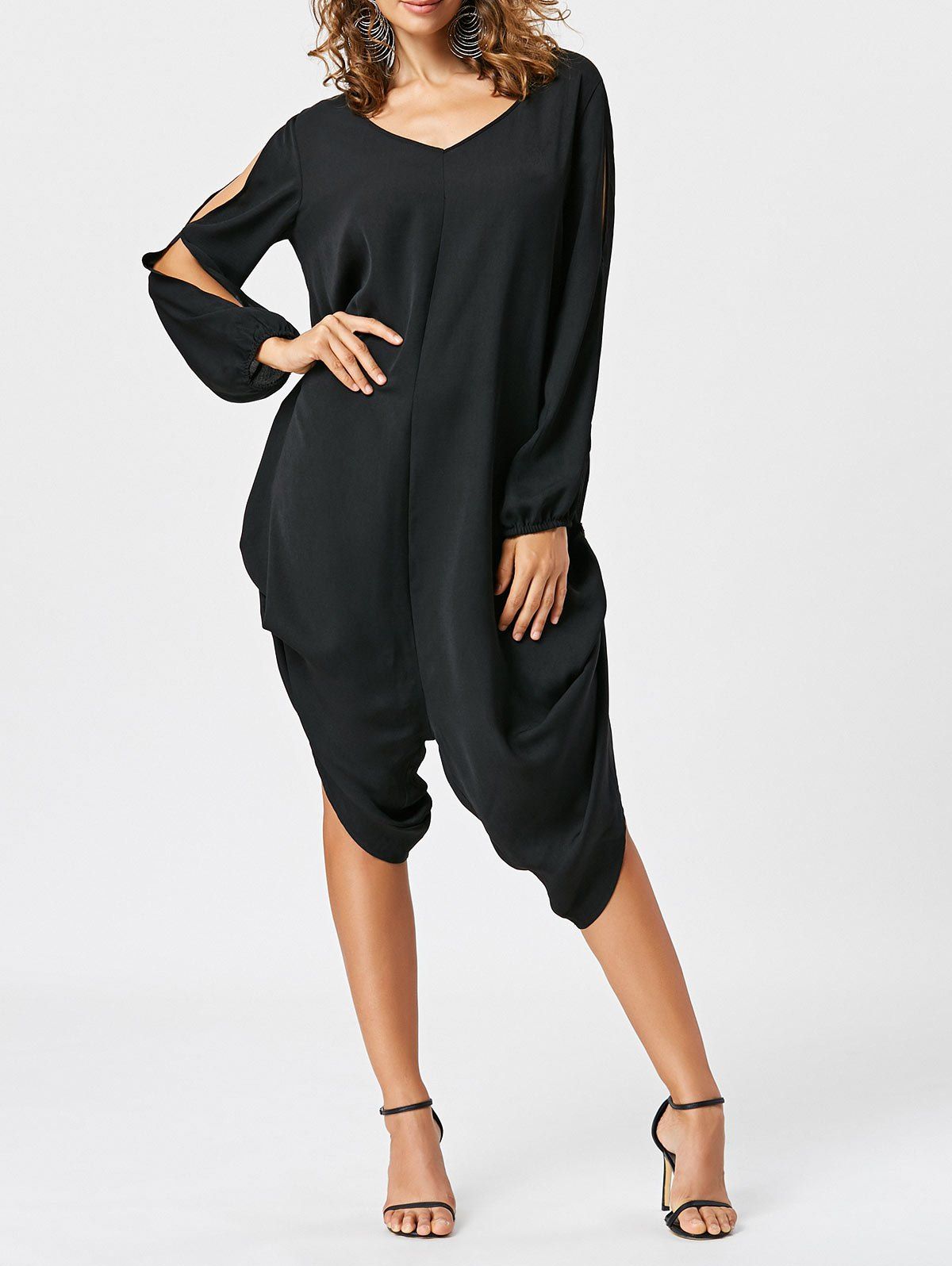 2018 Slit Sleeve Wide Leg Capri Jumpsuit In Black 2xl