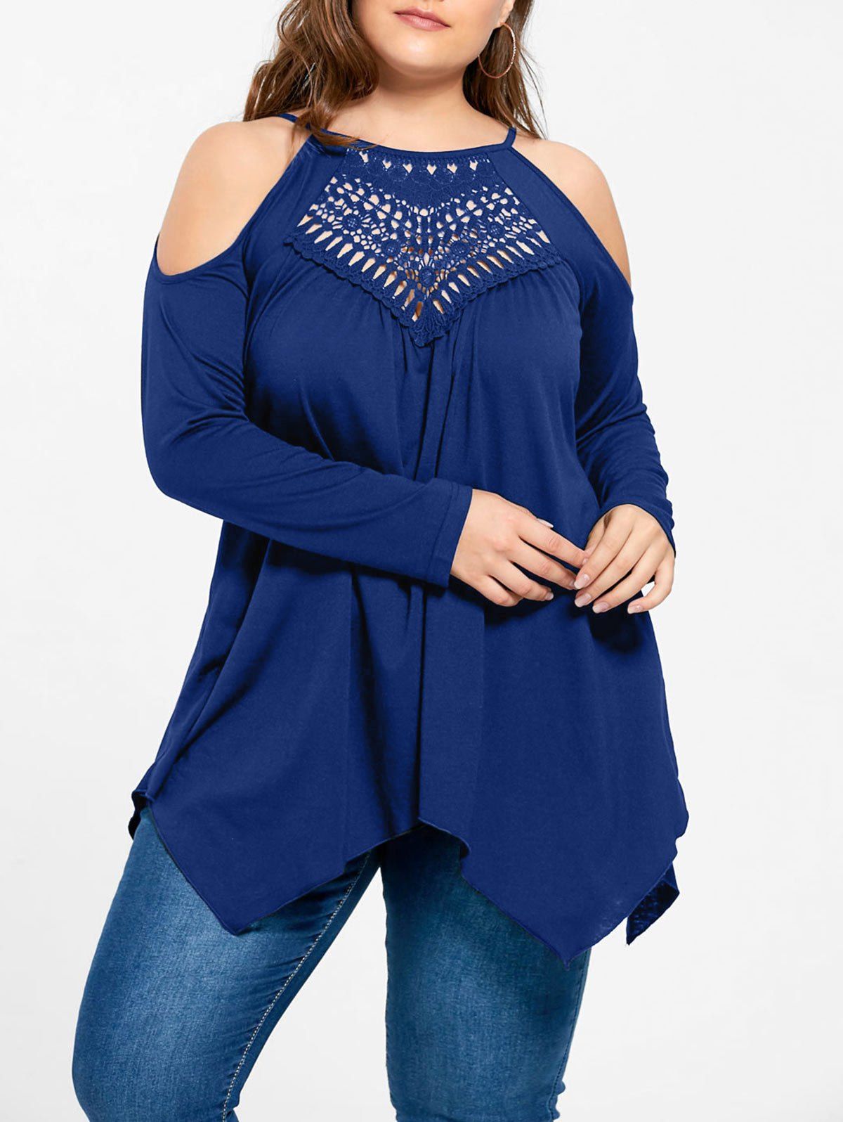 

Plus Size Openwork Cold Shoulder Tee, Blue