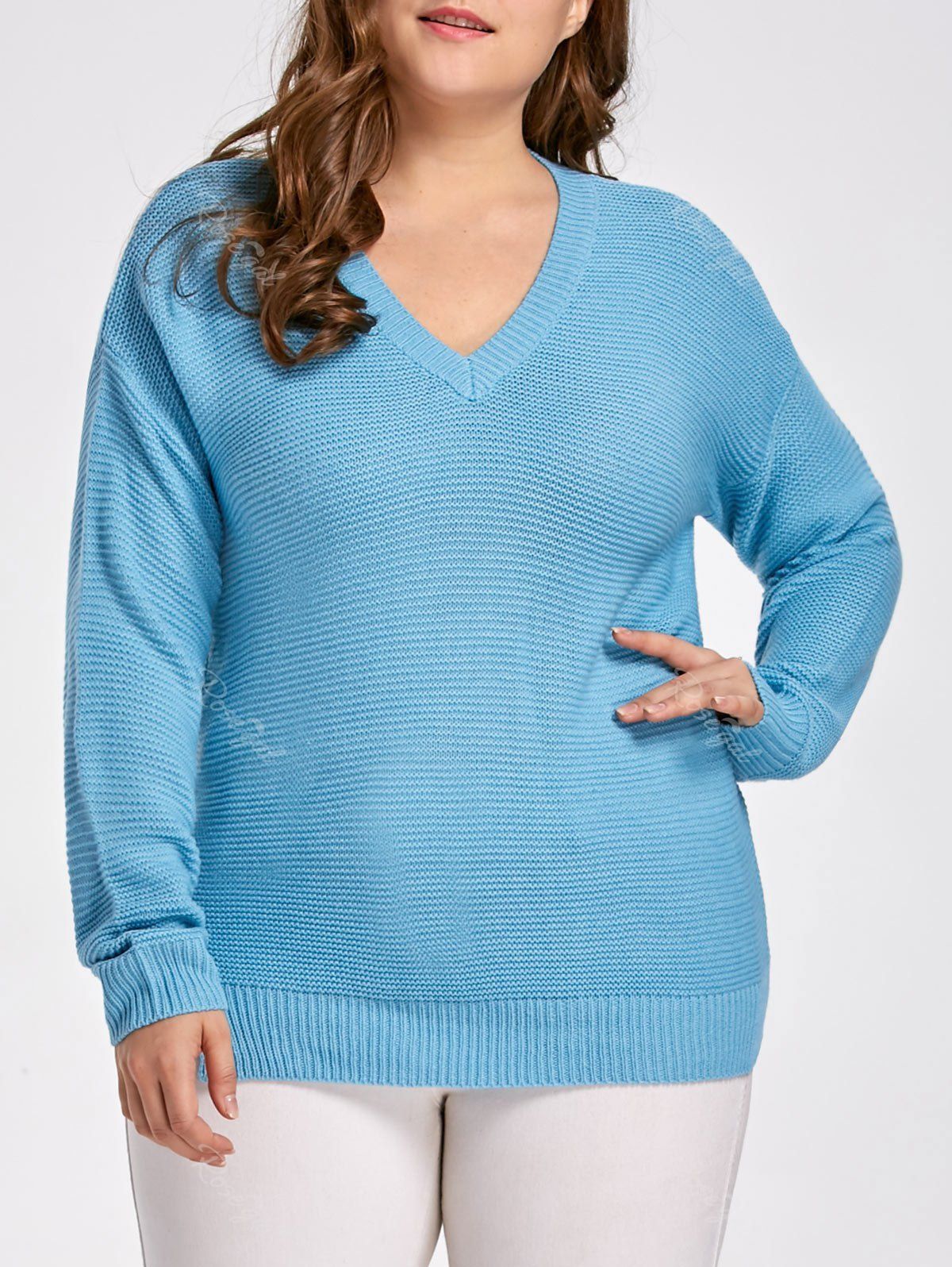 

Plus Size Side Split Boyfriend Sweater, Lake blue