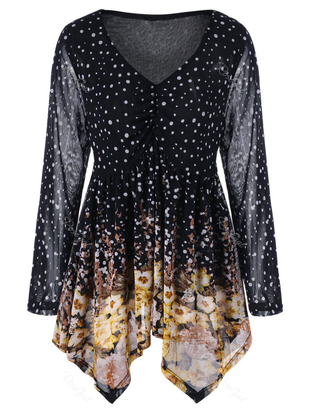 

Plus Size V Neck Polka Dot Blouse, Black