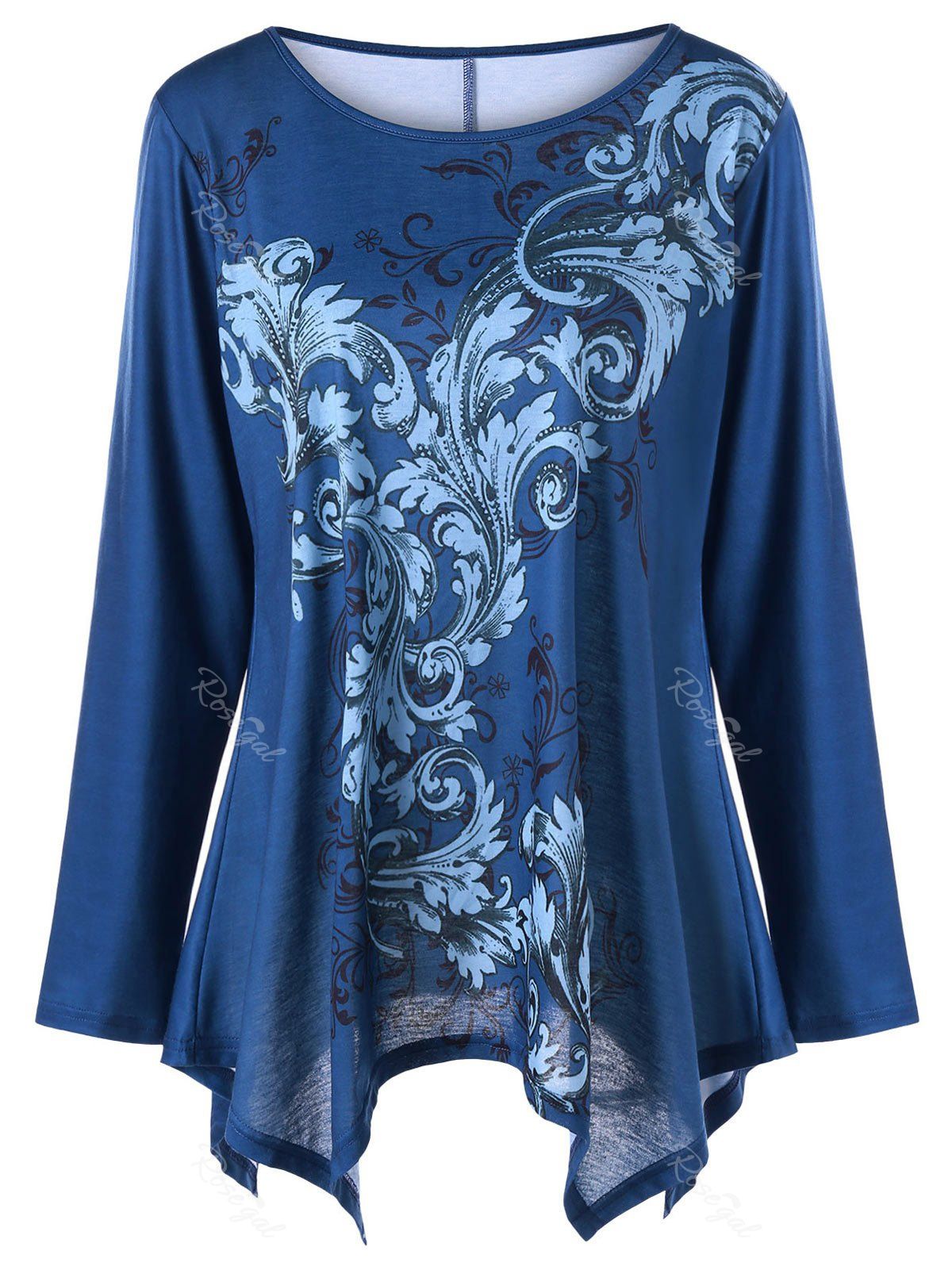 

Plus Size Long Sleeve Floral Print Handkerchief Tee, Blue
