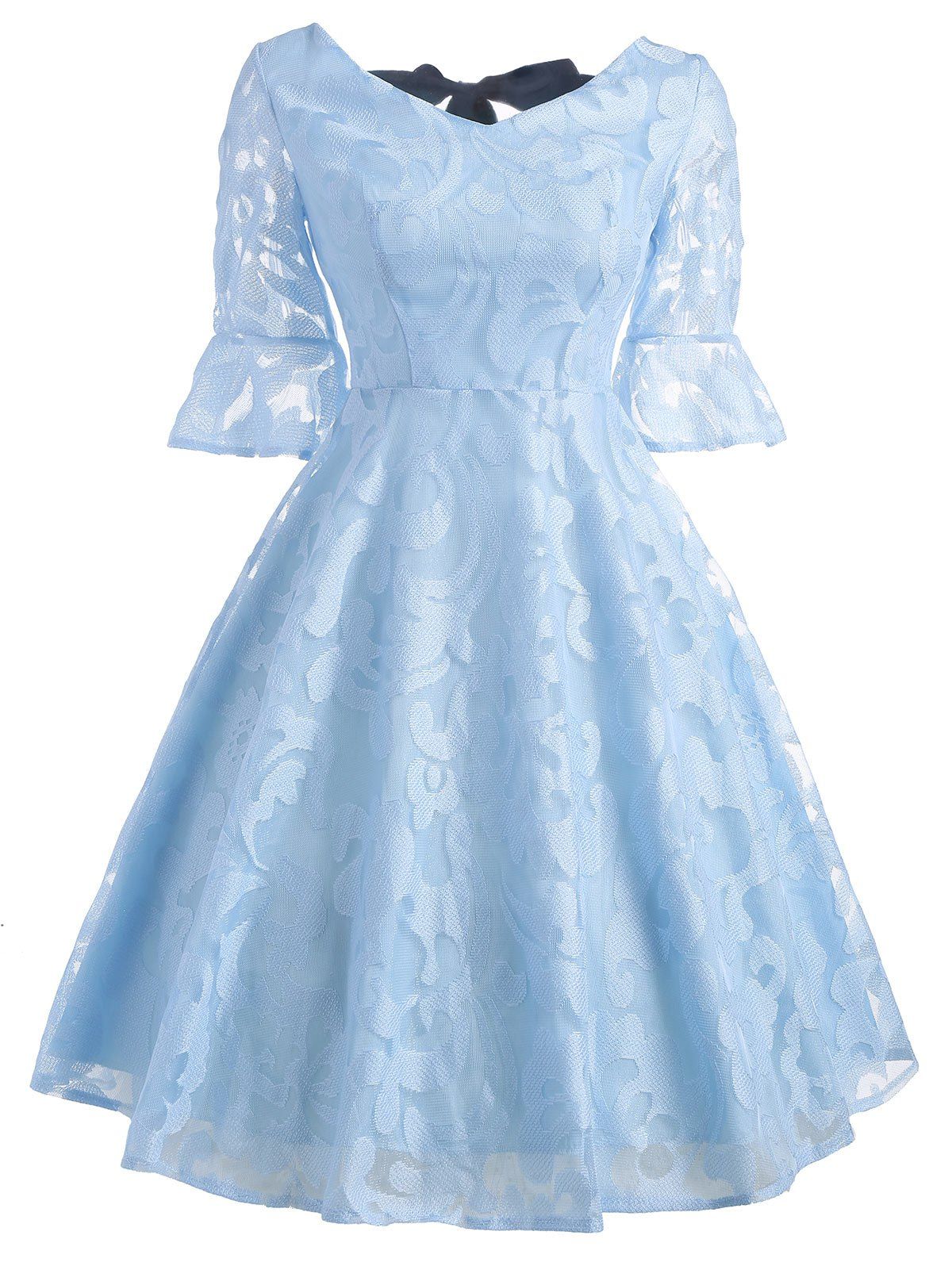 

Flare Sleeeve Bowknot Lace Dress, Light blue