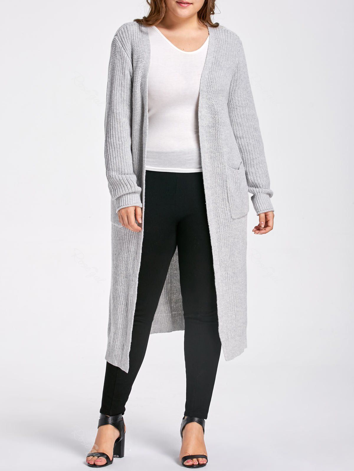 

Plus Size Slit Open Front Long Chunky Knit Cardigan, Gray