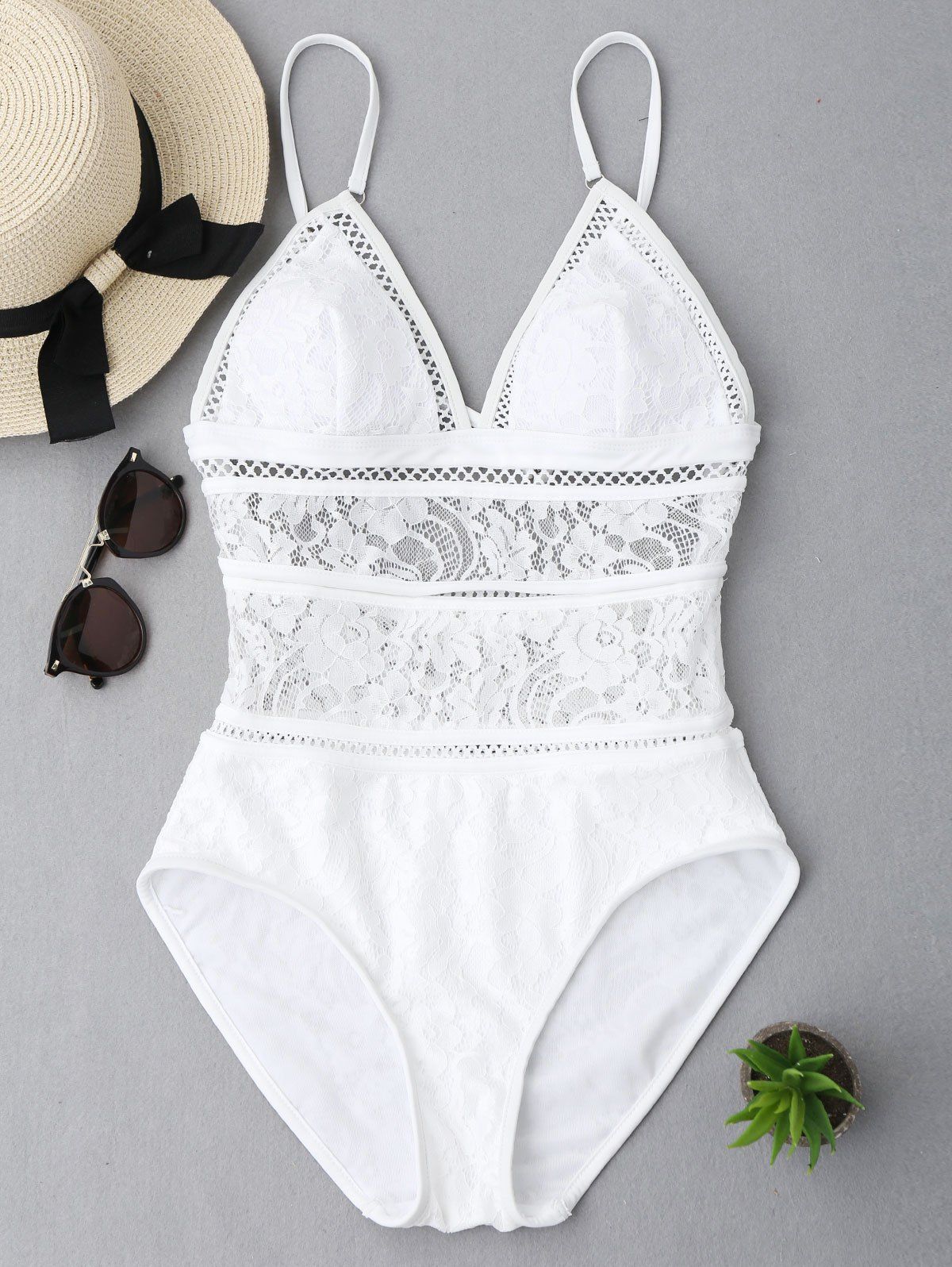 

Backless Lace Sheer One Piece Swimsuit, White