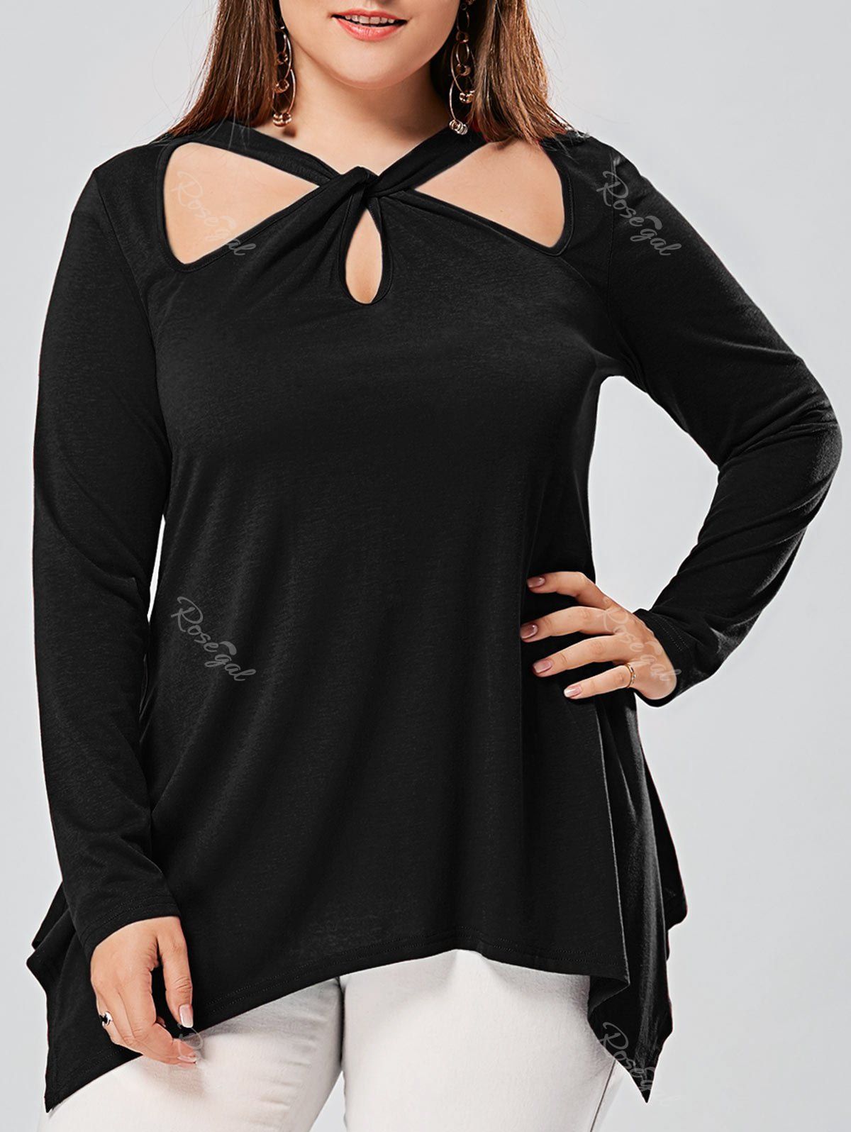 

Plus Size Front Knot Cut Out Long Sleeve Top, Black