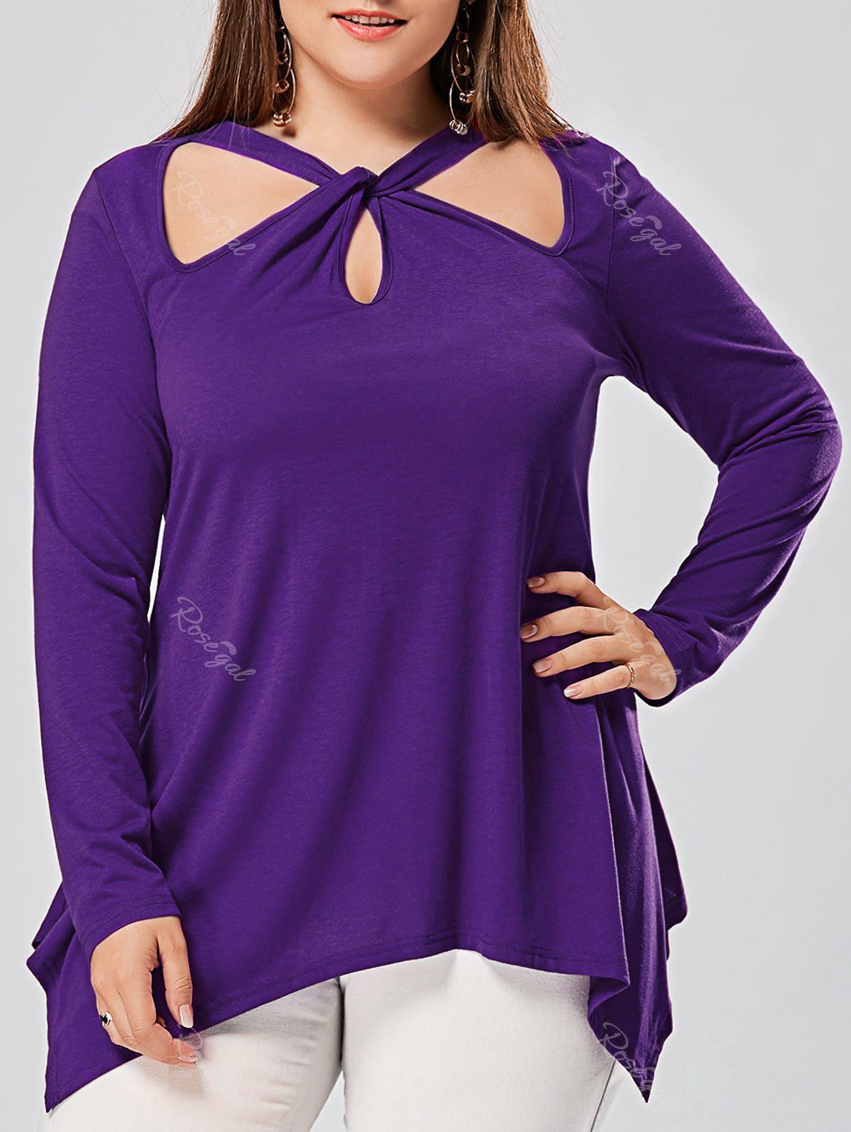 

Plus Size Front Knot Cut Out Long Sleeve Top, Purple