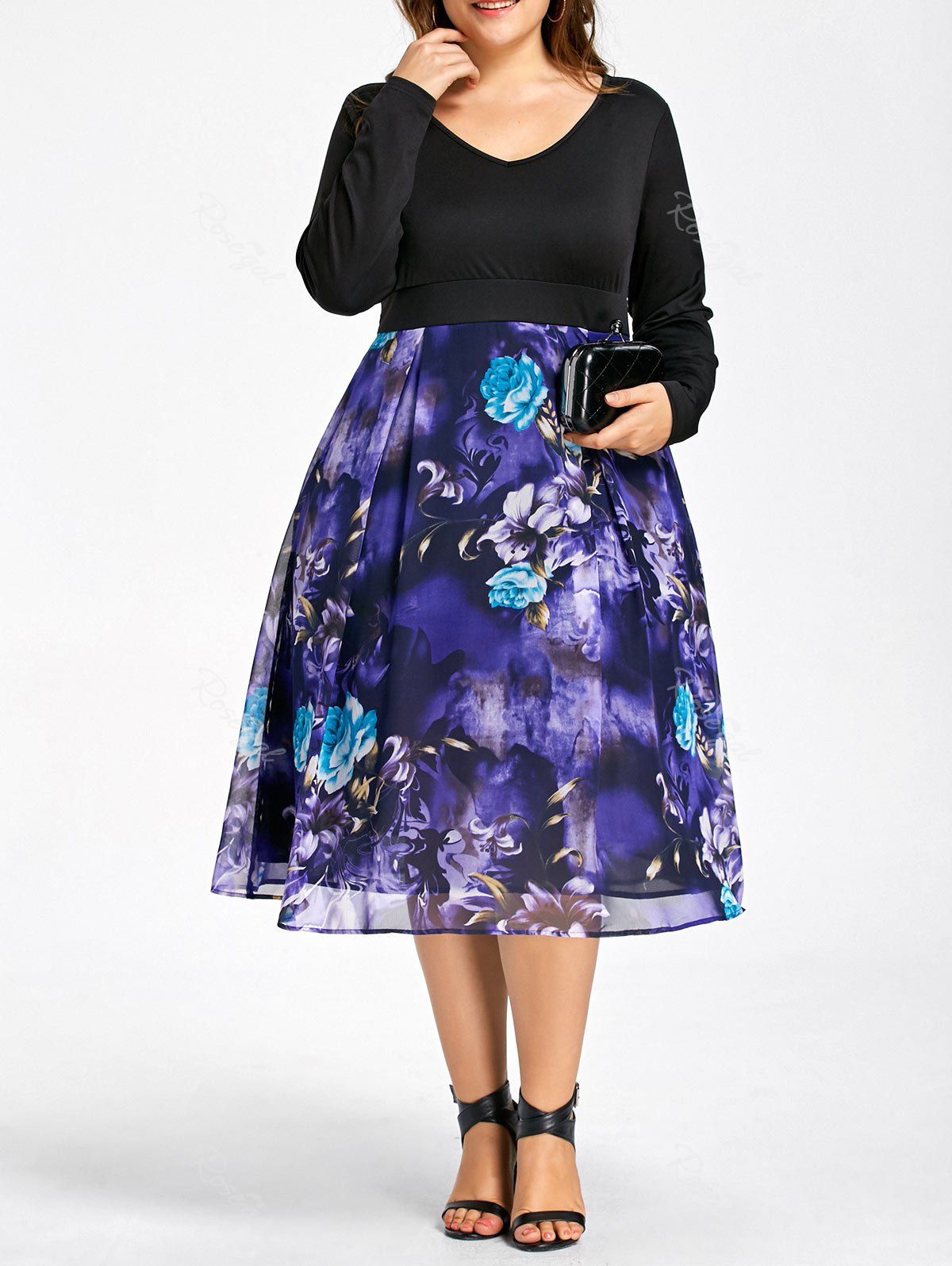 

Plus Size Floral Print Long Sleeve Dress, Black