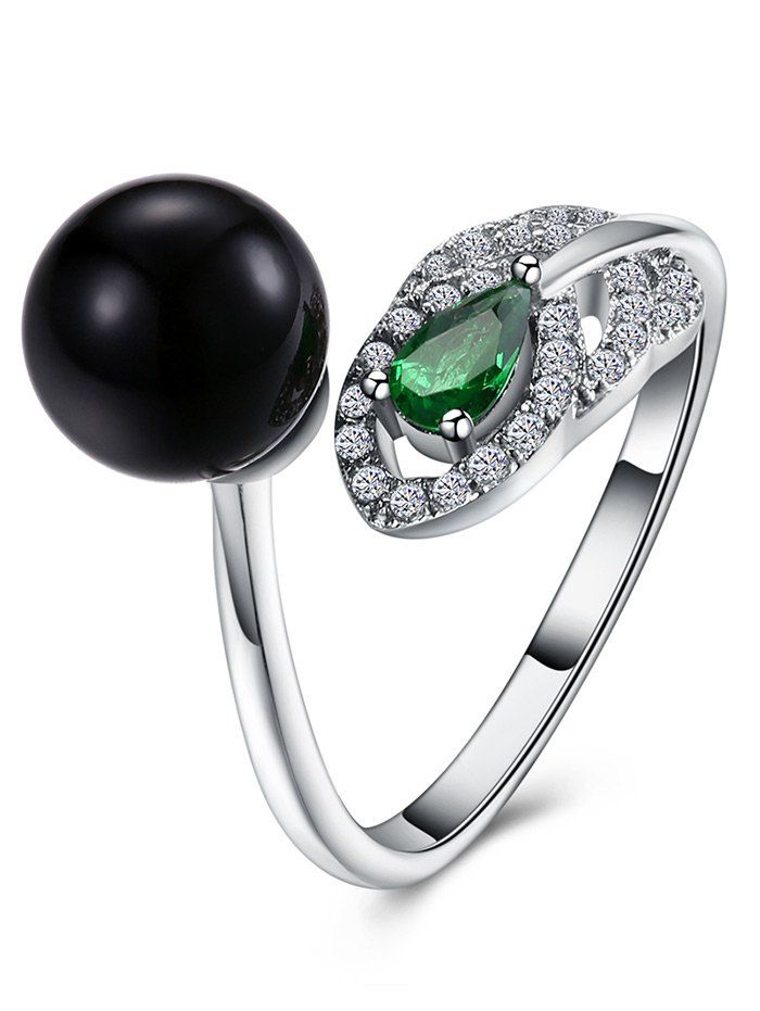 

Faux Emerald Rhinestoned Ball Cuff Ring, Silver