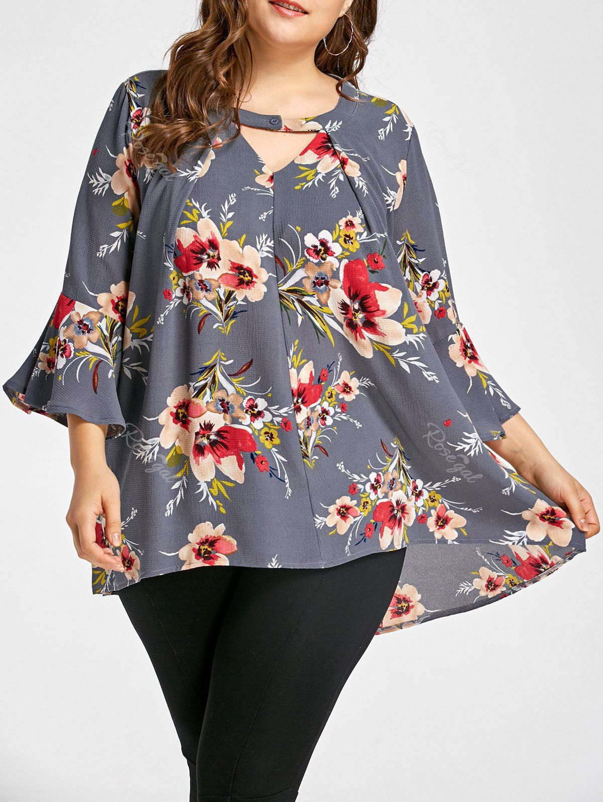 

Cut Out Bell Sleeve Floral Plus Size Blouse