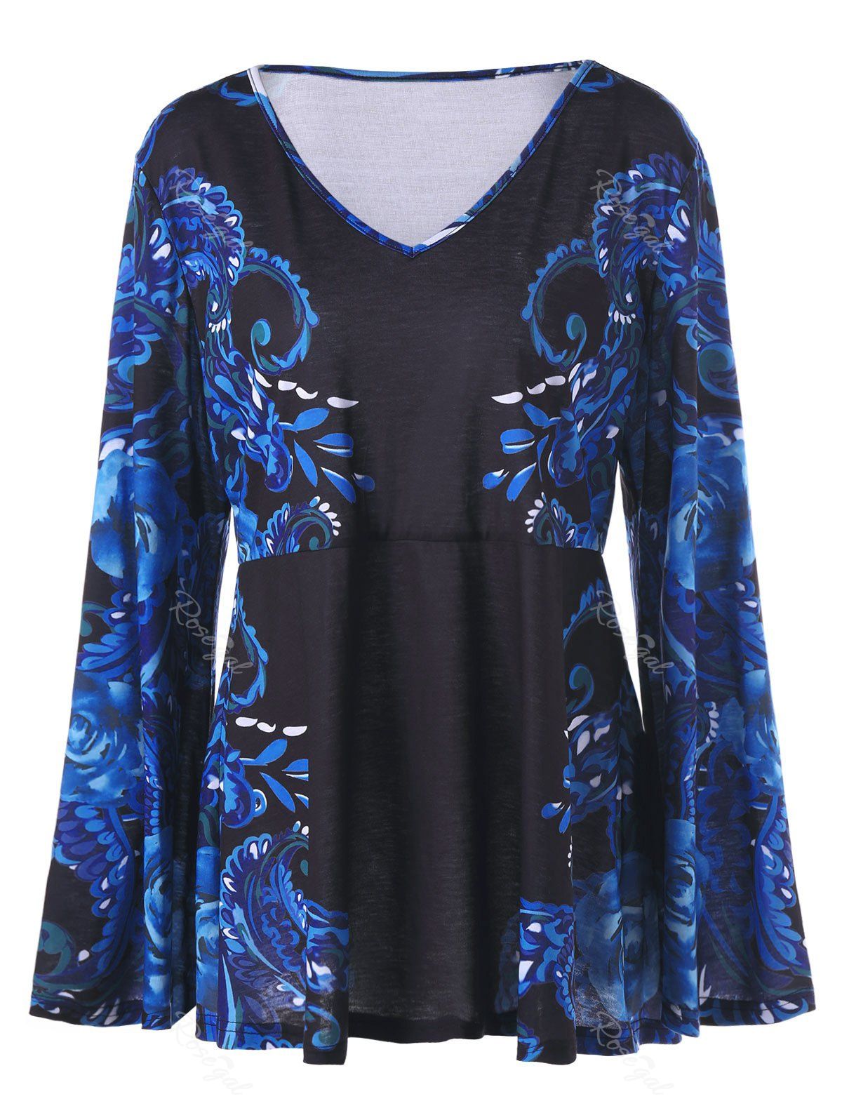 

Plus Size Floral Print Flare Sleeve Top, Black