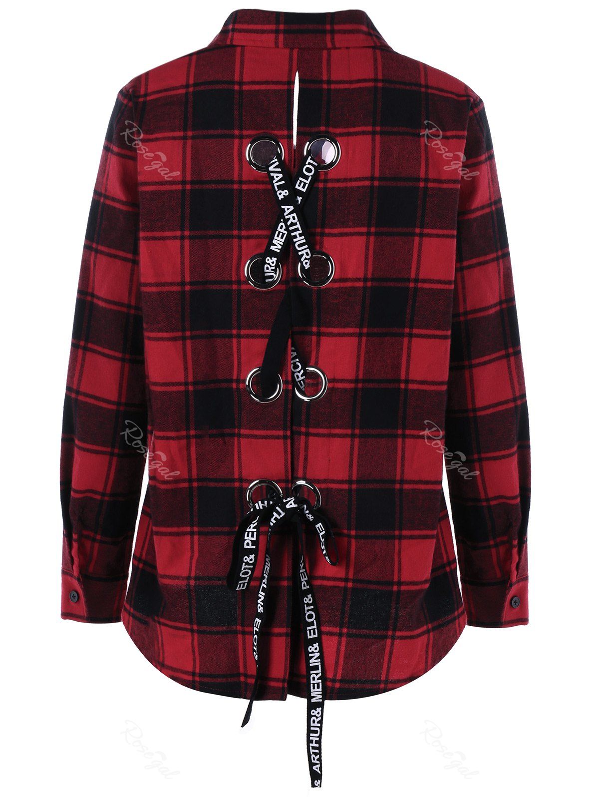 

Lace-up Back Plus Size V-neck Plaid Blouse, Checked
