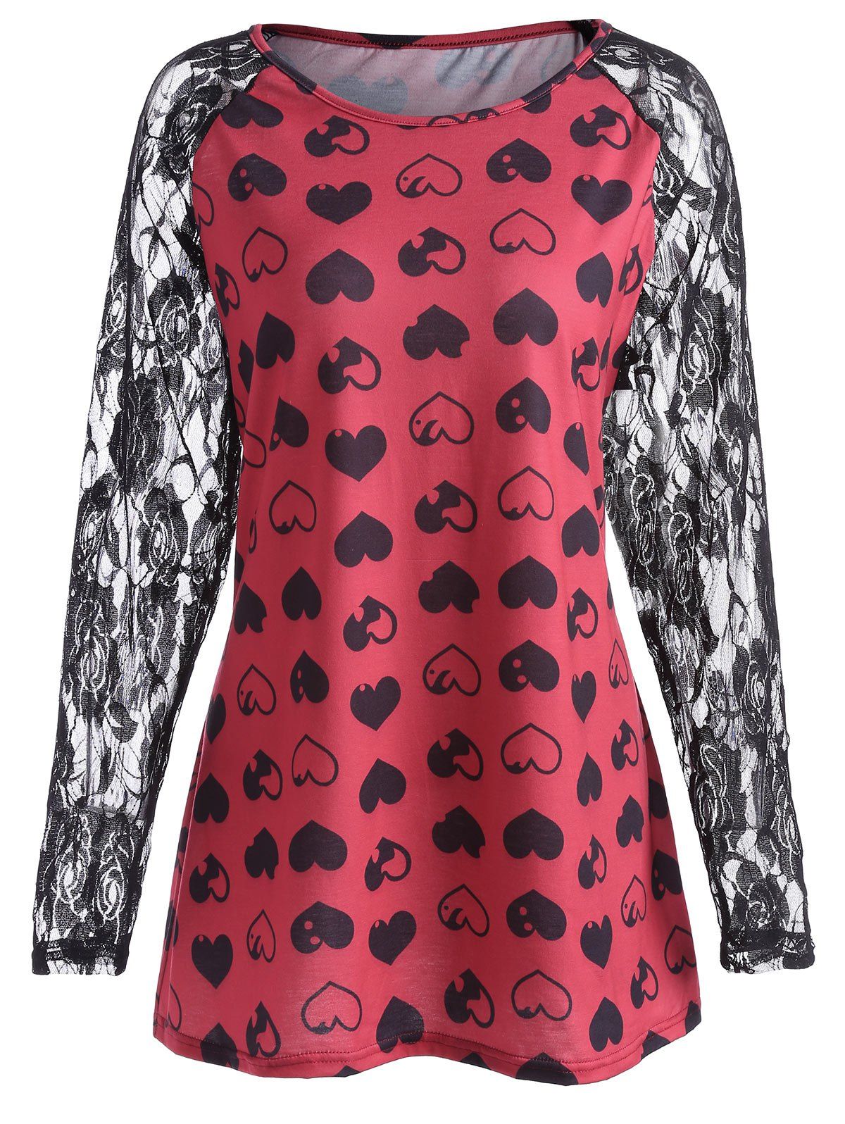 

Plus Size Heart Print Lace Panel Tee, Red
