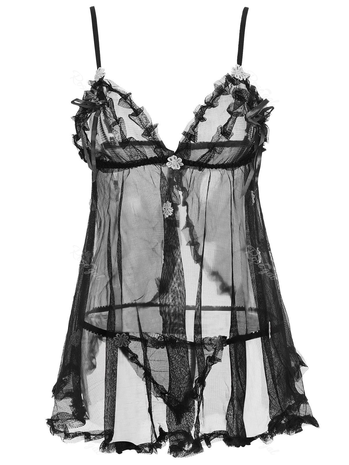 

See Through Plus Size Babydoll with Applique, Black