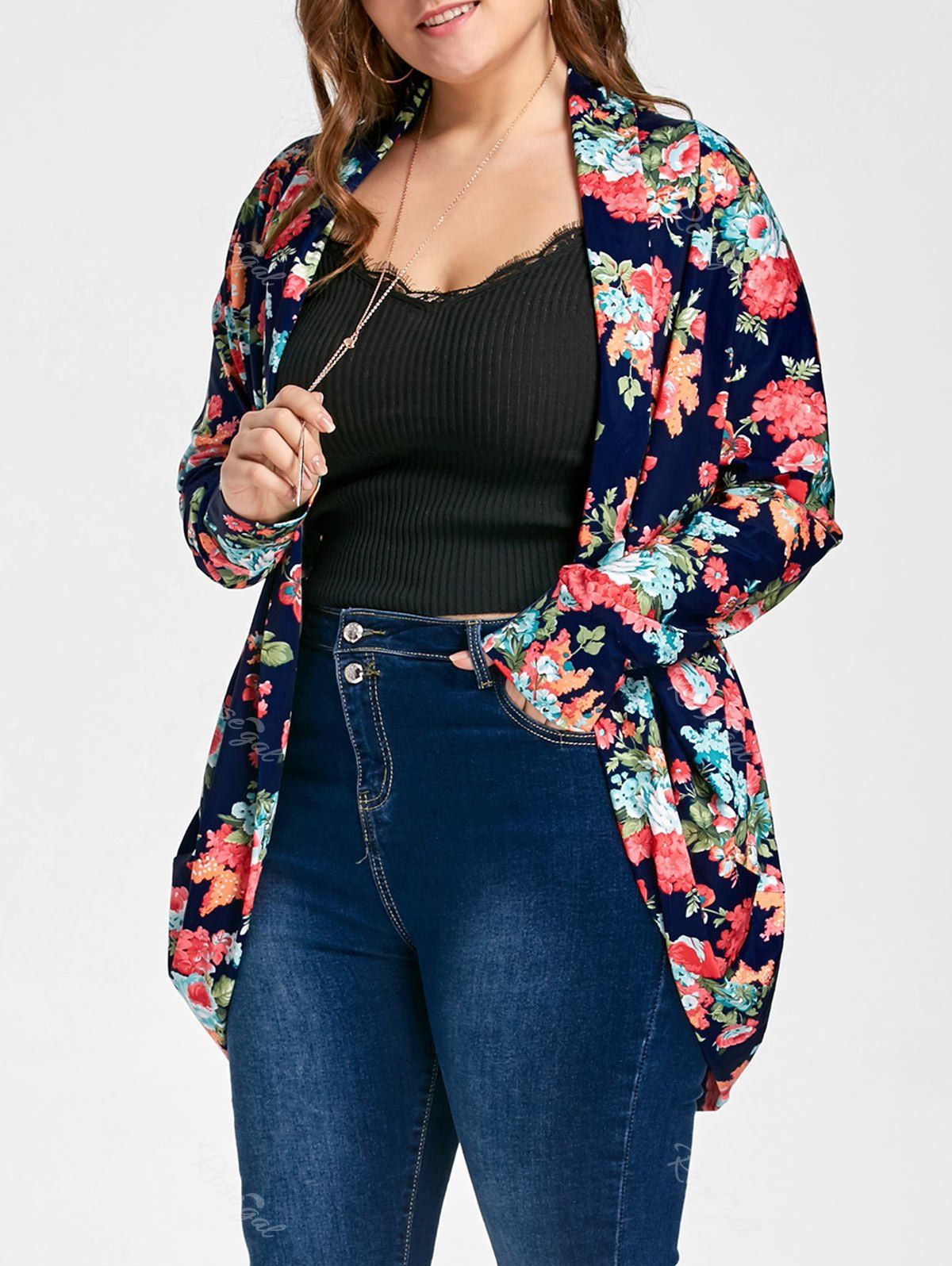 

Open Front Plus Size Froral Print Cardigan, Floral