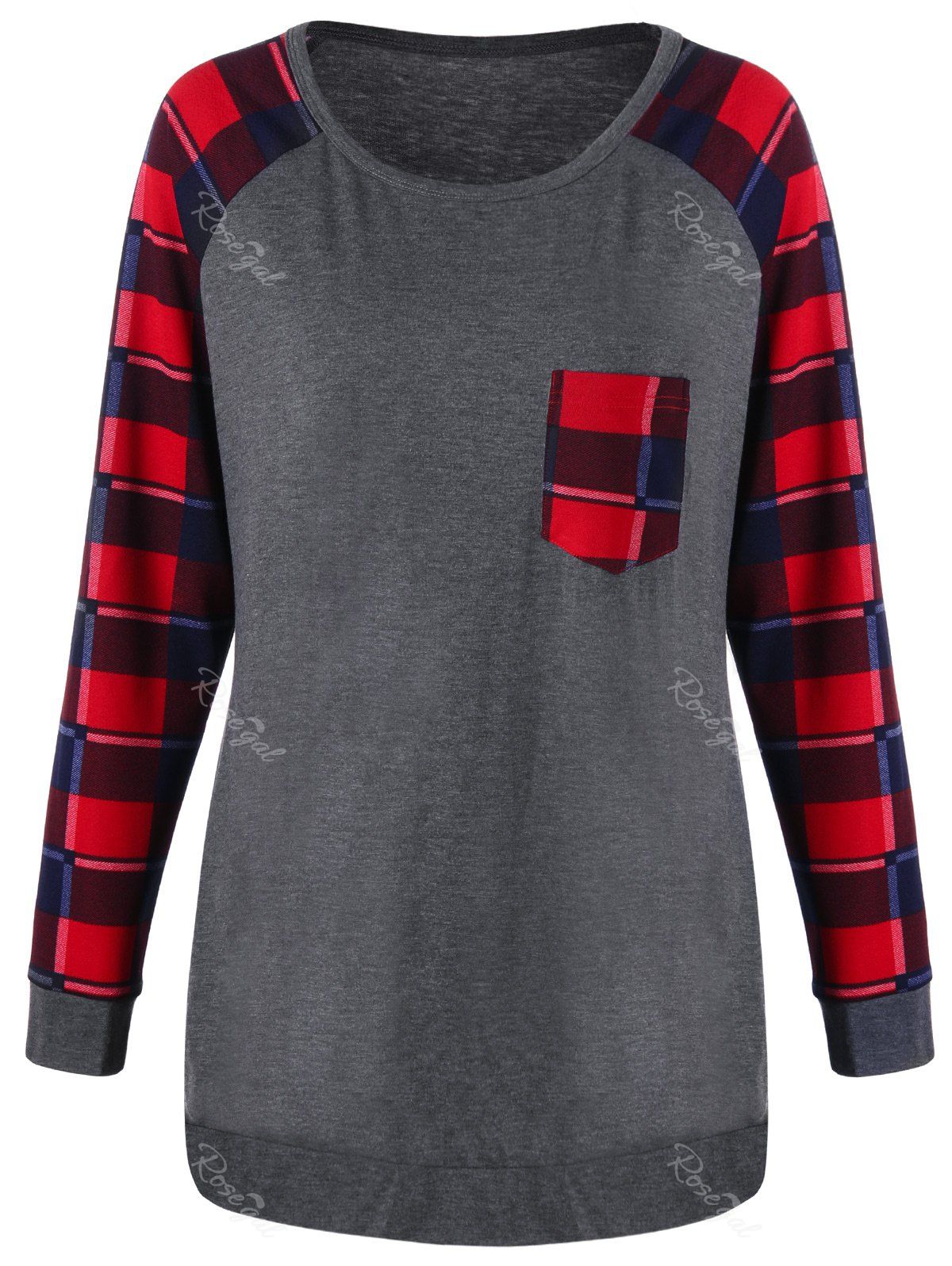 

Raglan Sleeve Plus Size Pocket Plaid Top, Gray