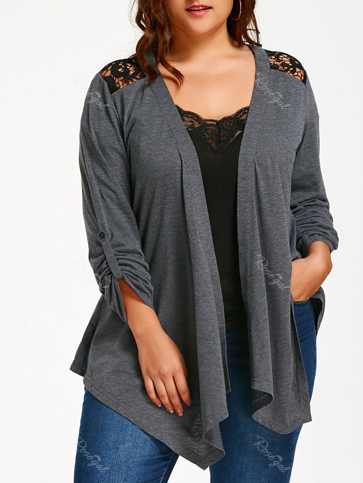 

Lace Insert Plus Size Long Sleeve Cardigan, Gray