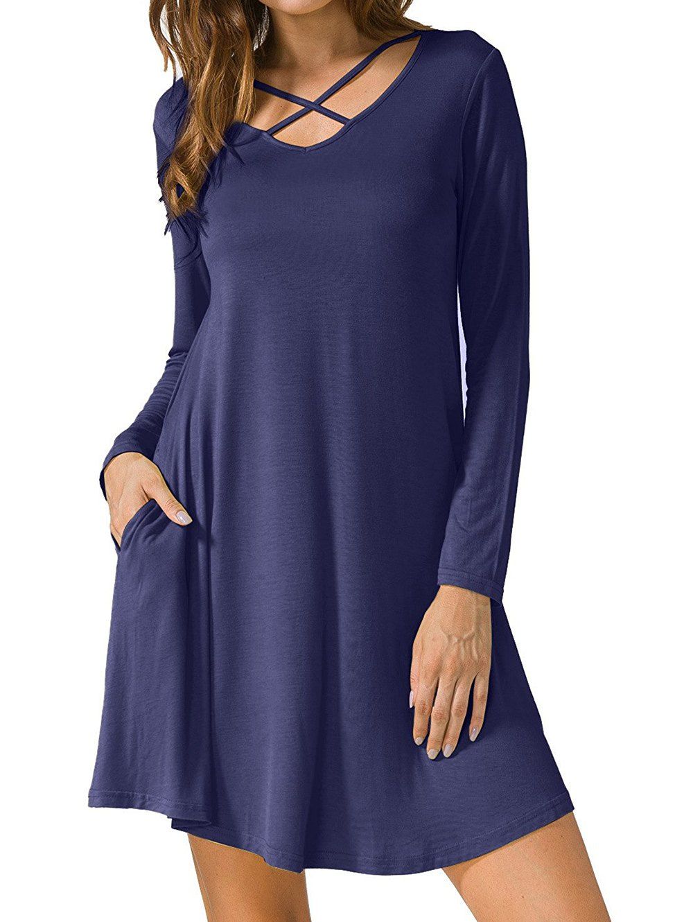 

Long Sleeve V Neck T-shirt Skater Dress, Cadetblue