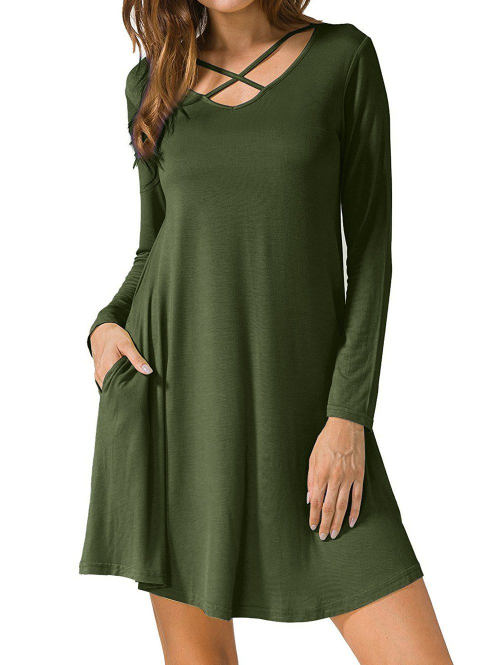 

Long Sleeve V Neck T-shirt Skater Dress, Army green