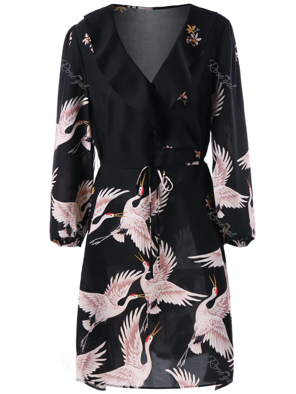 

Plus Size Gruidae Print Flounced Dress, Black