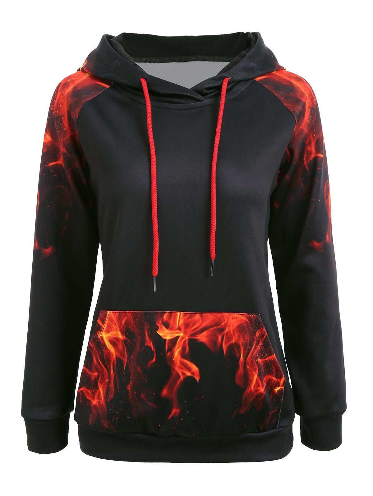 

Flames Print Raglan Sleeve Kangaroo Hoodie, Black