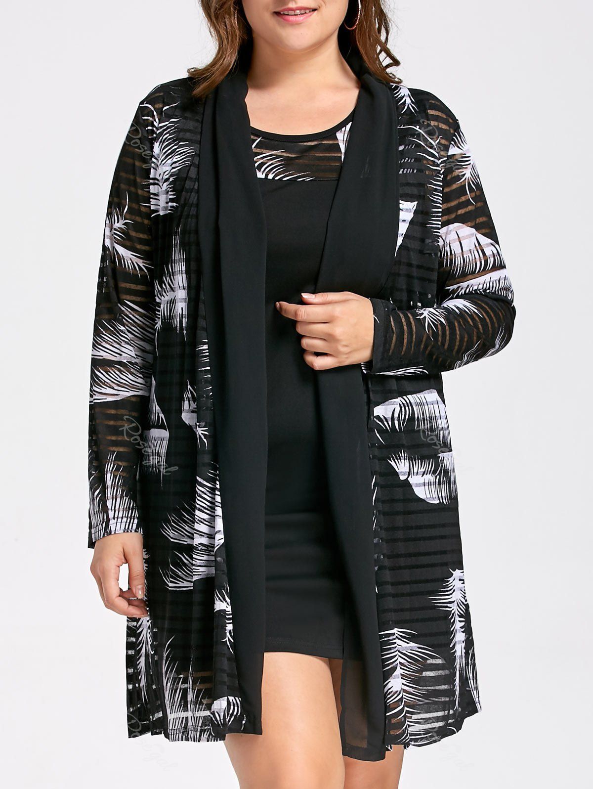 

Plus Size Tank Dress with Mesh Long Sheer Cardigan, White and black