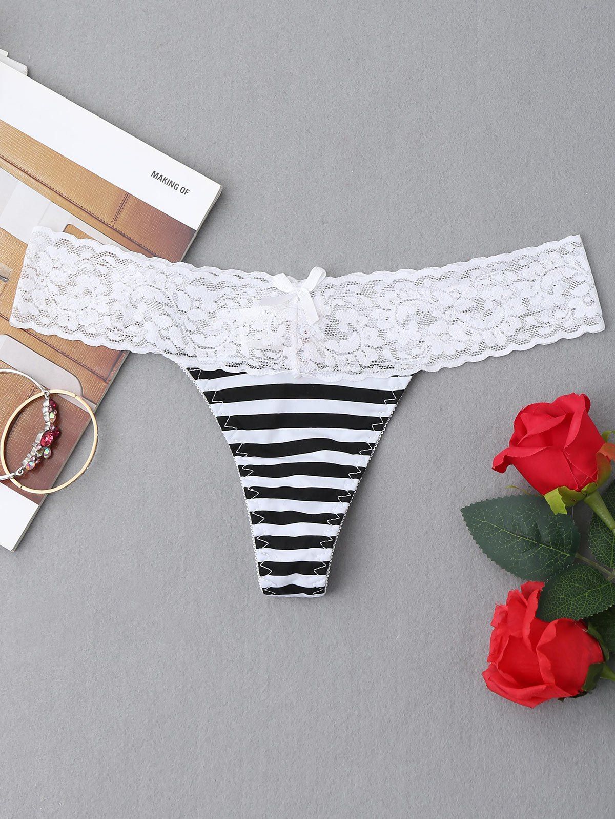 

Lace Insert Striped Thong, White and black