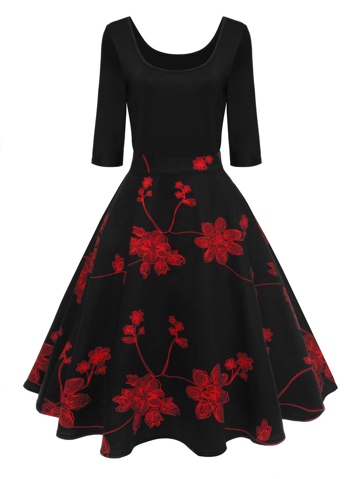 

Vintage U Neck Floral Skater Party Dress, Black&red