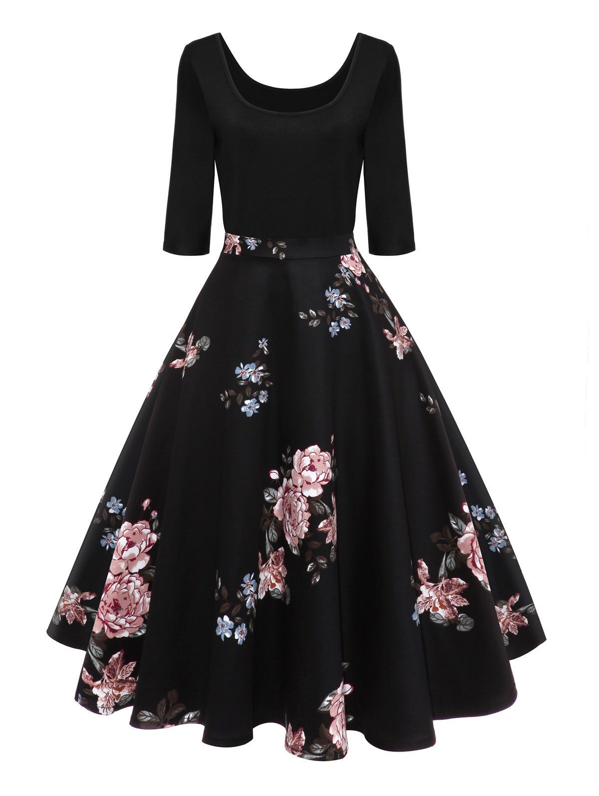 

Retro U Neck Floral Pin Up Dress, Black