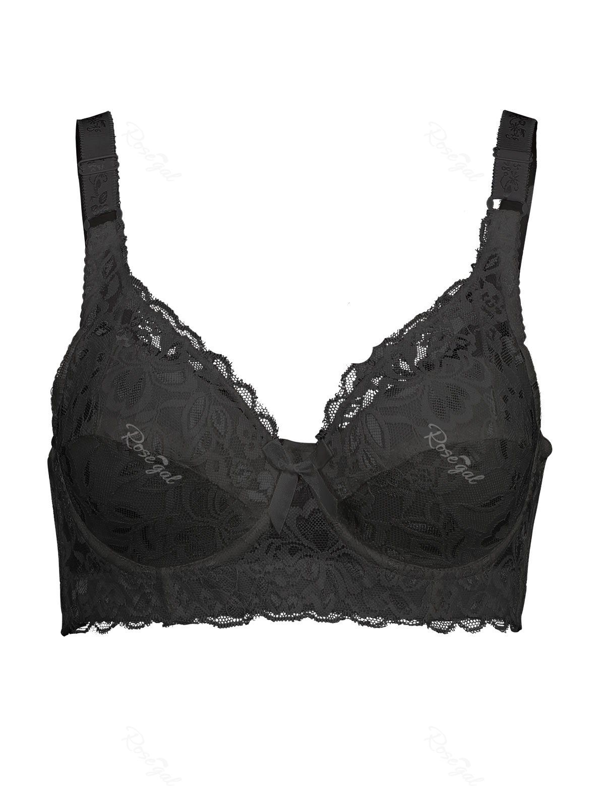 

Plus Size Bowknot Lace Panel Unlined Underwire Bra, Black