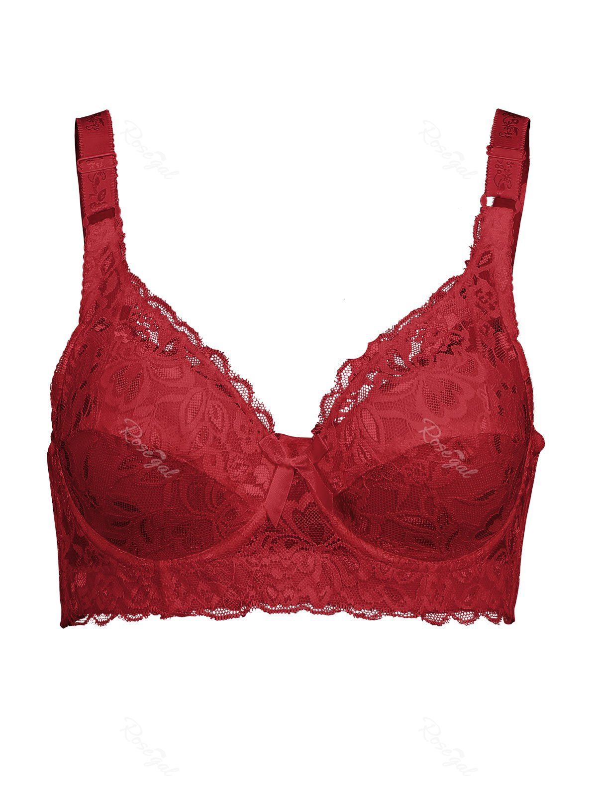 

Plus Size Bowknot Lace Panel Unlined Underwire Bra, Red