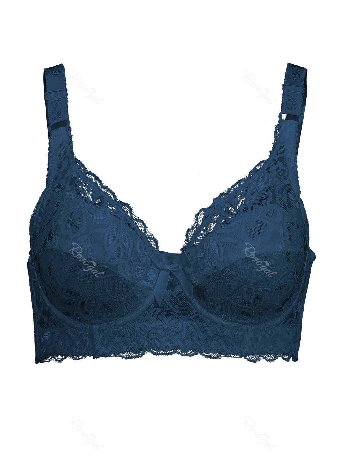 

Plus Size Bowknot Lace Panel Unlined Underwire Bra, Peacock blue