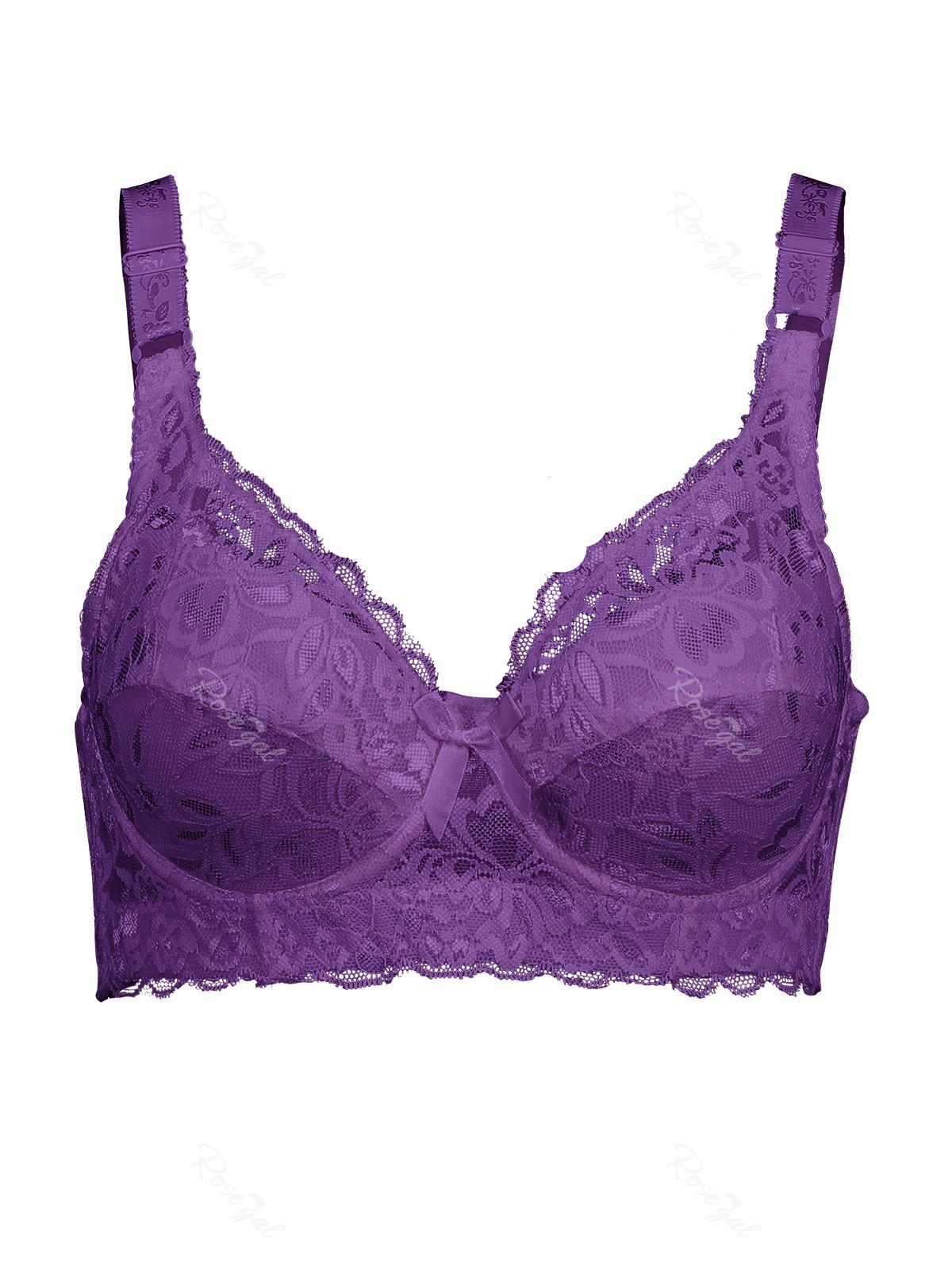 

Plus Size Bowknot Lace Panel Unlined Underwire Bra, Purple