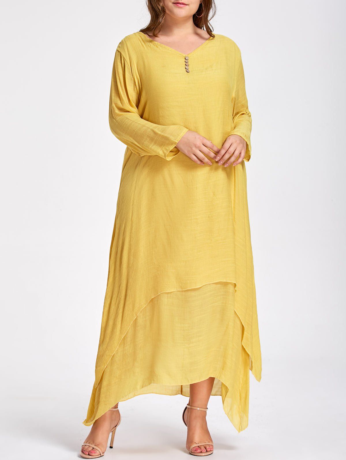 

Plus Size Button Embellished Maxi Layered Dress, Yellow