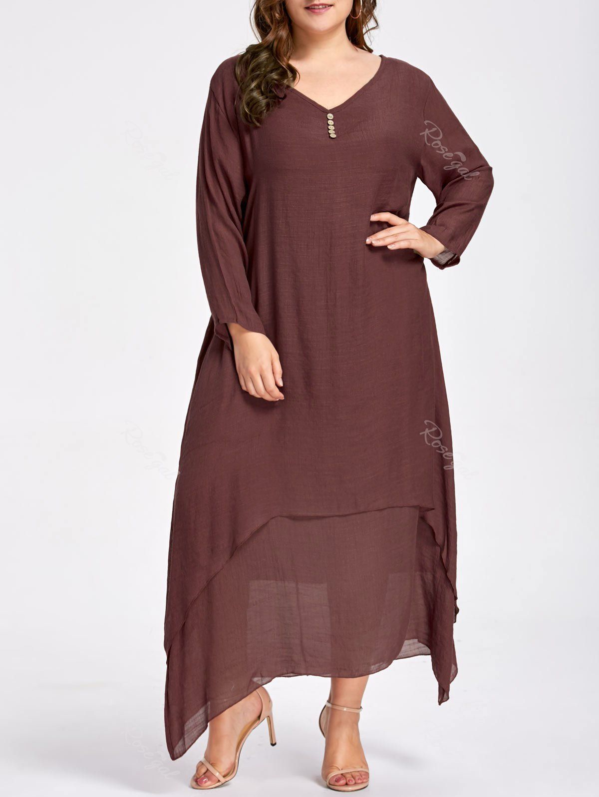 

Plus Size Button Embellished Maxi Layered Dress, Spice