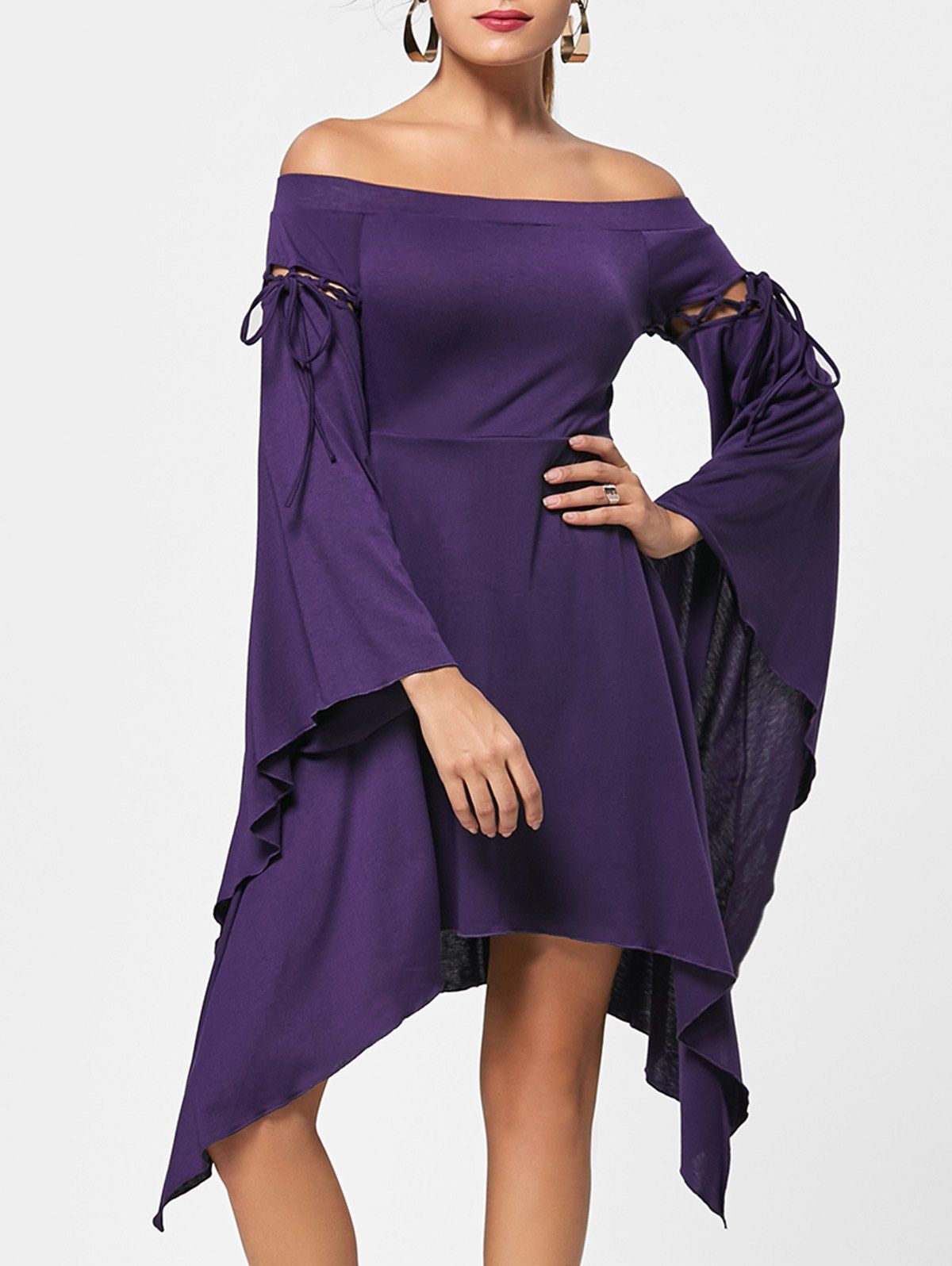 [30% OFF] Asymmetric Flare Sleeve Off Shoulder Dress | Rosegal