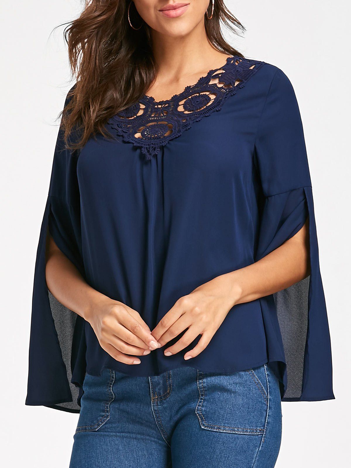 

Flared Split Sleeve Lace Panel Blouse, Purplish blue