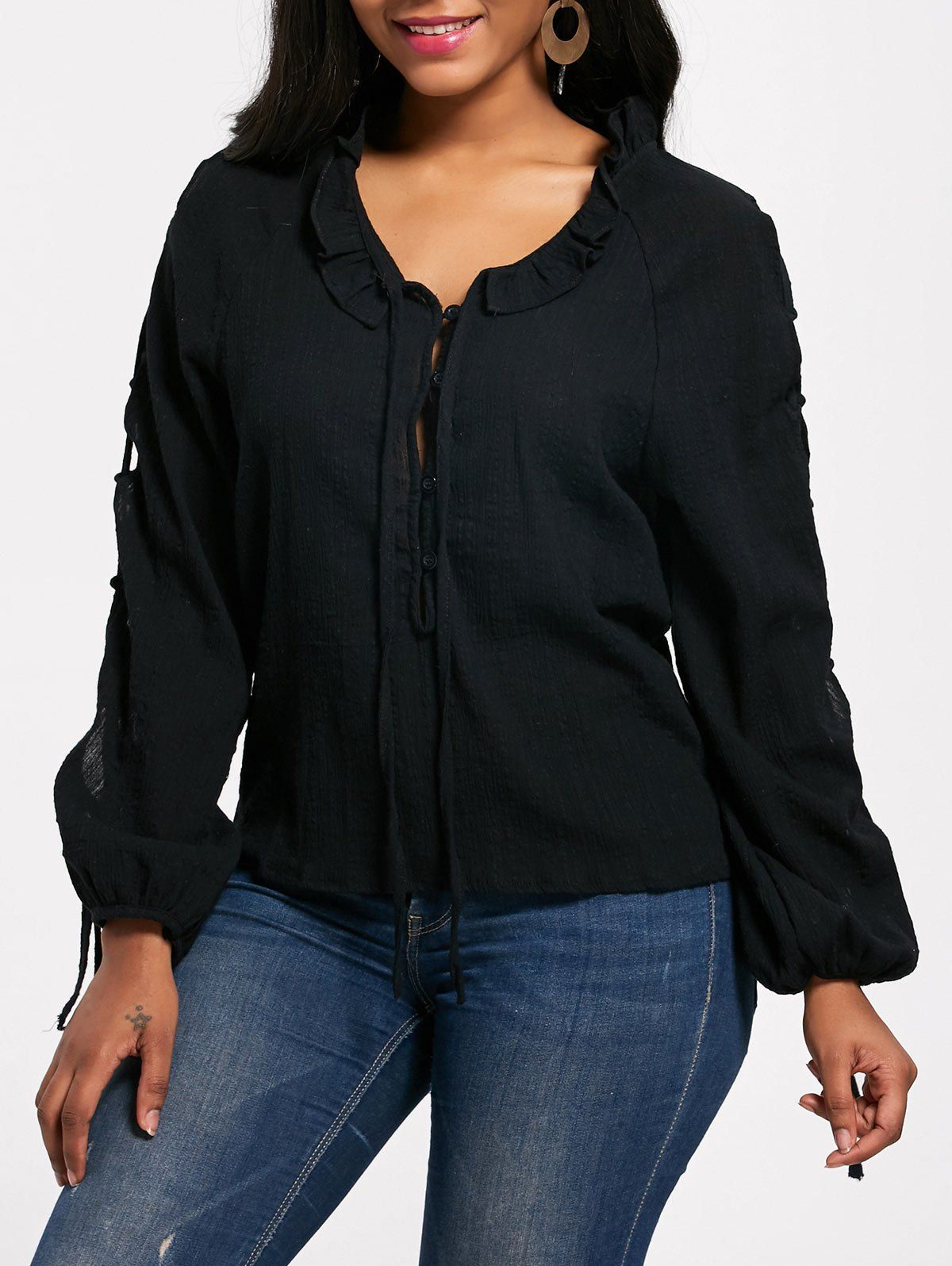 

Lace Up Long Sleeve Half Button Blouse, Black