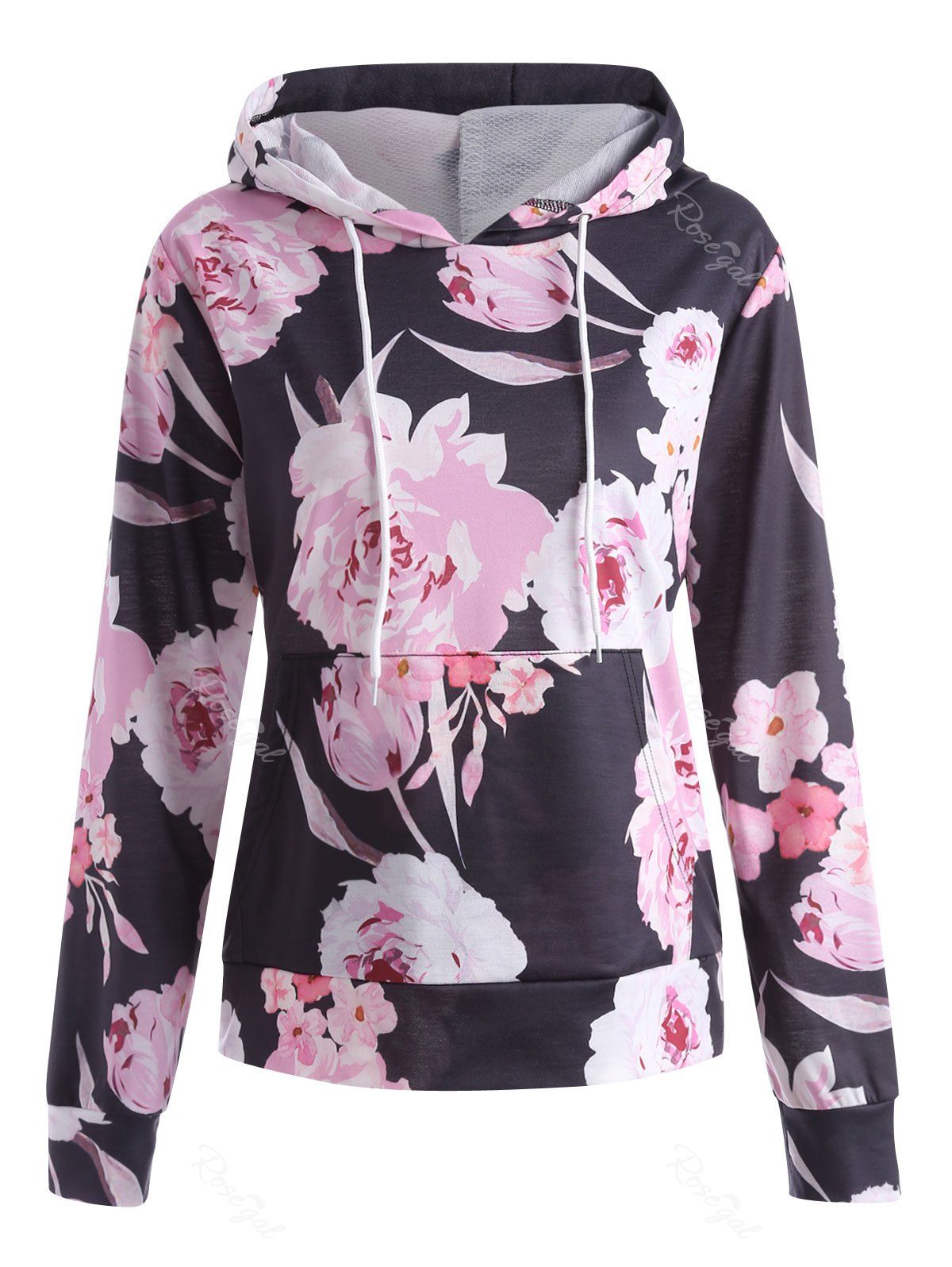 

Plus Size Floral Printed Kangaroo Pocket Hoodie, Black