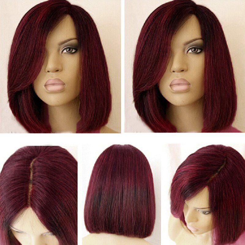 

Short Side Part Dark Root Colormix Straight Bob Synthetic Wig, Wine red