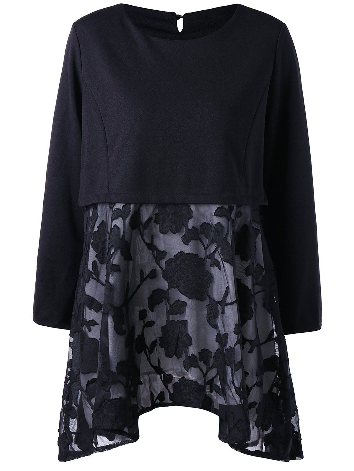 

Mesh Panel Embroidery Plus Size Tunic Top, Black