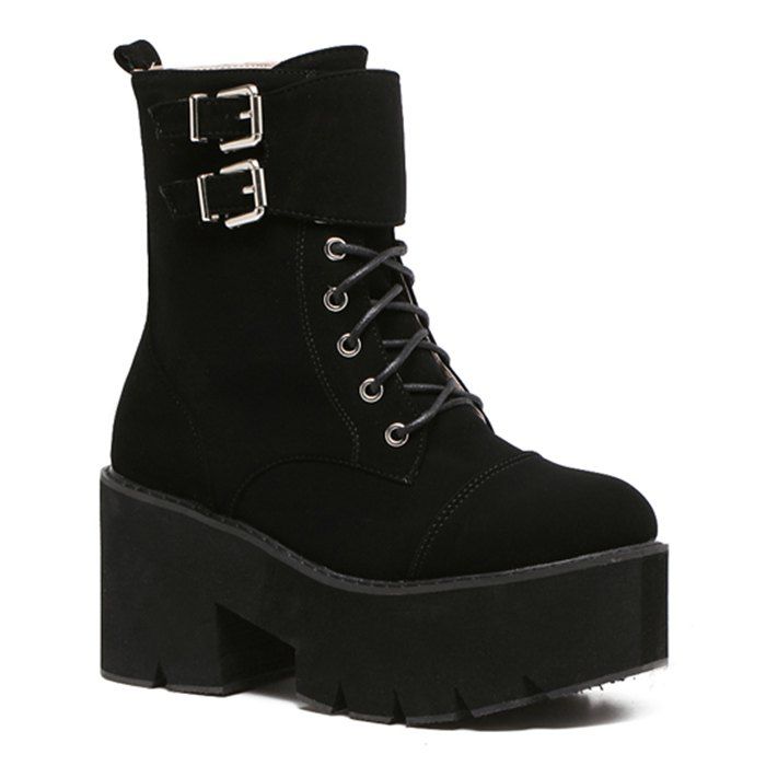 

Platform Suede Buckle Straps Ankle Boots, Black
