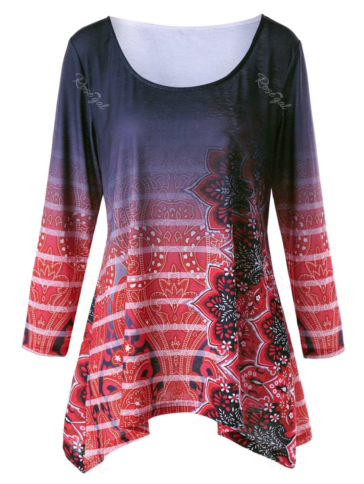 

Plus Size Floral Stripes Ombre Asymmetric Top, Colormix
