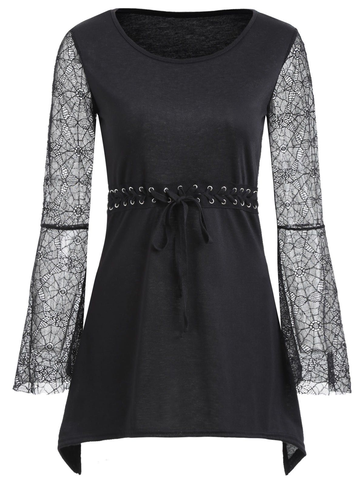 

Lace-up Spider Lace Flare Sleeve Tunic Top, Black