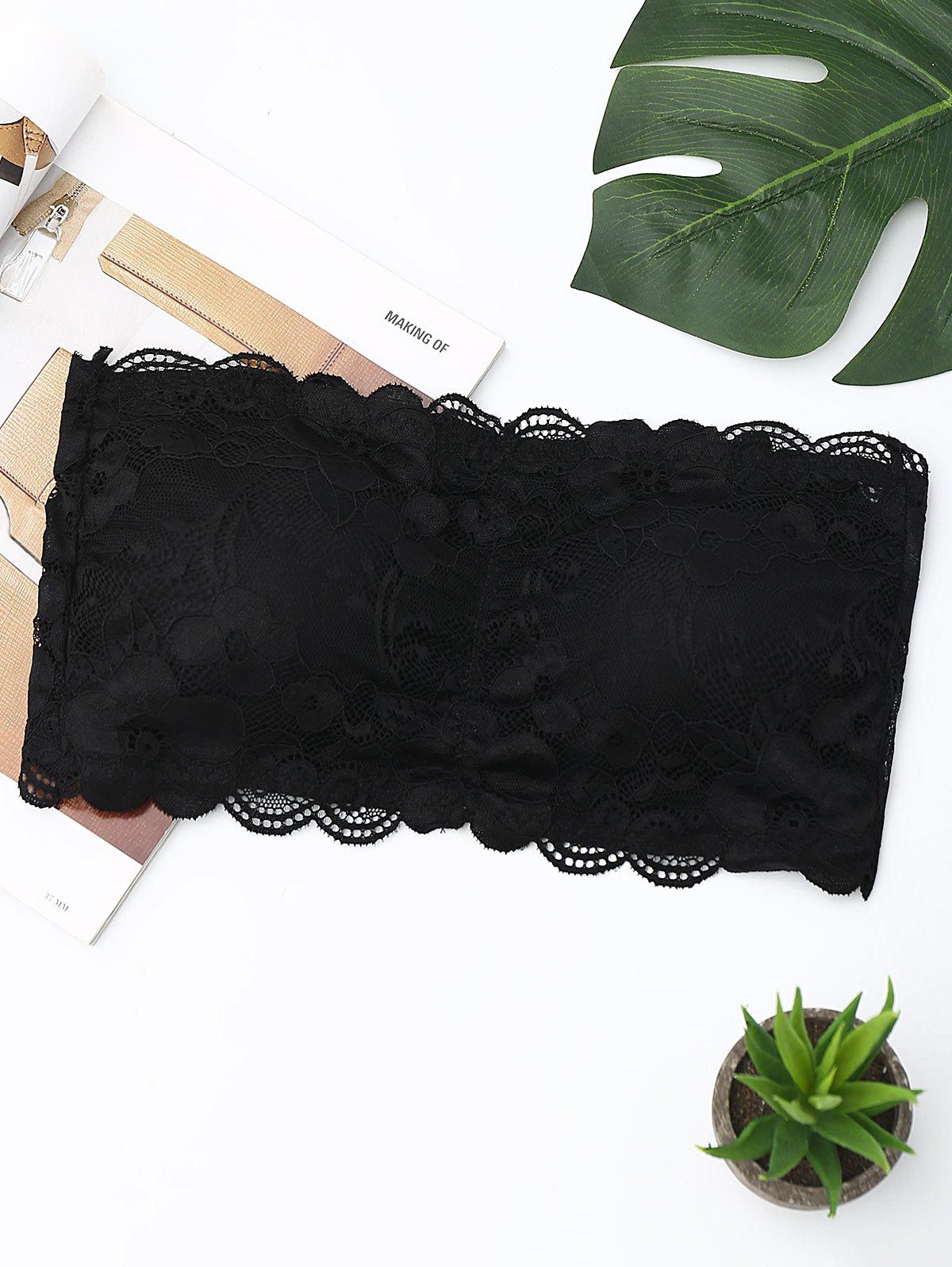 

Lace Scalloped Tube Bra, Black