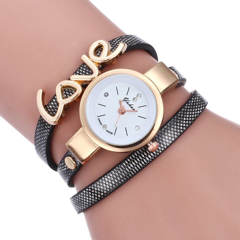 2018 Love Faux Leather Wrap Bracelet Watch In Black Rosegal Love Faux Leather Wrap Bracelet Watch