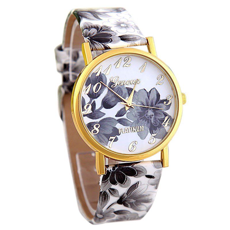 

Flowers Print Faux Leather Strap Number Watch, Gray