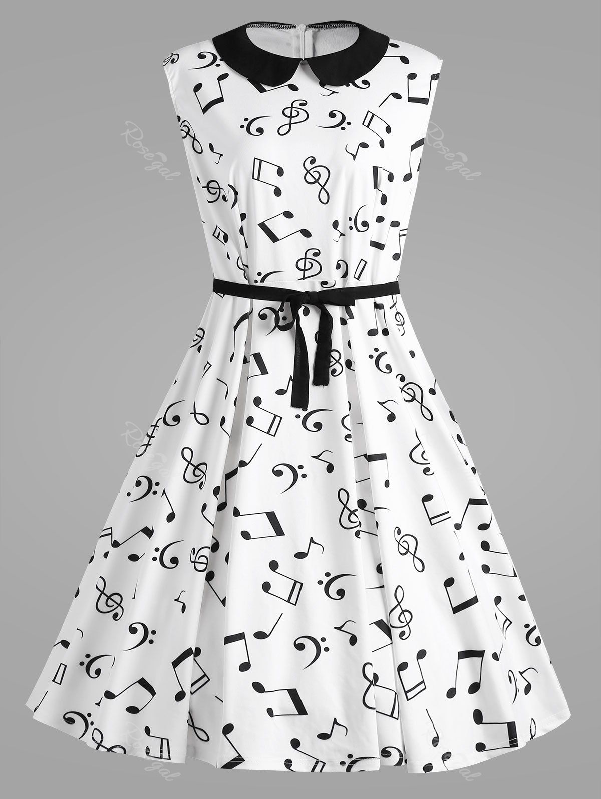 

Retro Plus Size Musical Notes Printed Dress, White